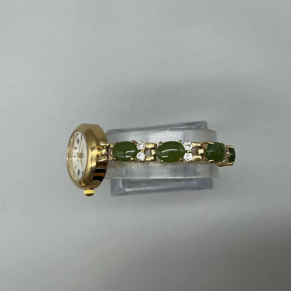 HMI Womens Watch 22mm MOP Gold Tone Green Stone Bracelet New Battery 7.25